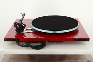 Rear view of a used Rega Planar 3 Turntable in Red finish with Exact Cartridge
