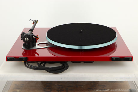 Rear view of a used Rega Planar 3 Turntable in Red finish with Exact Cartridge