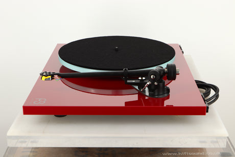 Side view of a used Rega Planar 3 Turntable in Red finish with Exact Cartridge