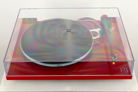 Top view of a used Rega Planar 3 Turntable in Red finish with Exact Cartridge