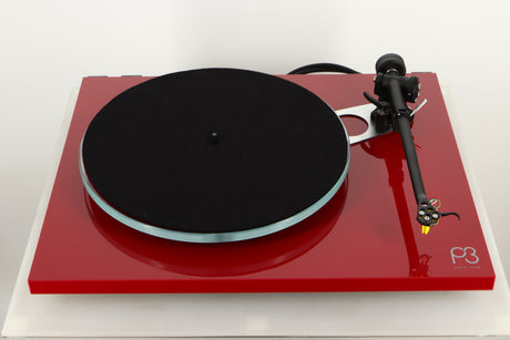 Top view of a used Rega Planar 3 Turntable in Red finish with Exact Cartridge