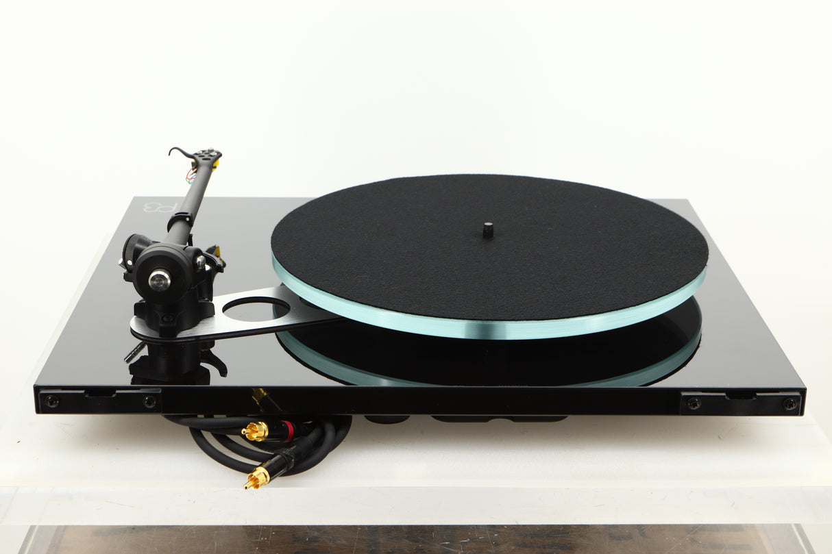 Rear view of a used Rega Planar 3 Turntable with Exact Cartridge in Black Gloss finish