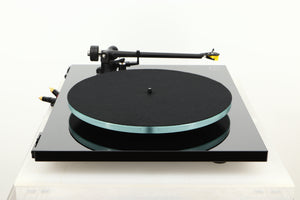 Side view of a used Rega Planar 3 Turntable with Exact Cartridge in Black Gloss finish