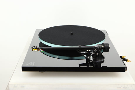 Side view of a used Rega Planar 3 Turntable with Exact Cartridge in Black Gloss finish