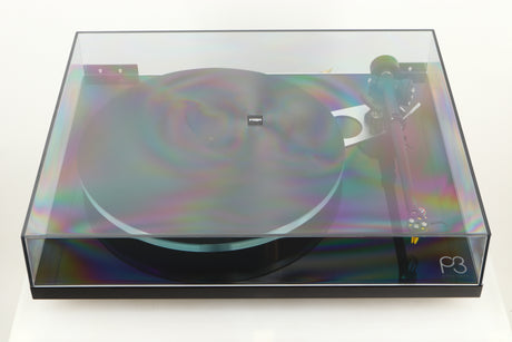 Top view of a used Rega Planar 3 Turntable with Exact Cartridge in Black Gloss finish with lid