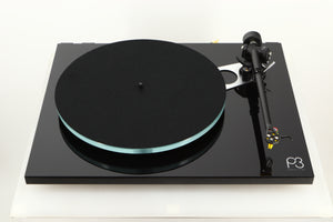 Top view of a used Rega Planar 3 Turntable with Exact Cartridge in Black Gloss finish