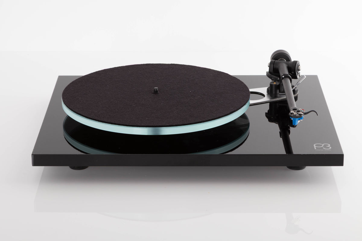 Front view of a used Rega Planar 3 Turntable in Gloss Black with Elys Cartridge