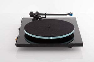 Side view of a used Rega Planar 3 Turntable in Gloss Black with Elys Cartridge