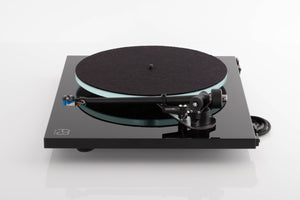 Side view of a used Rega Planar 3 Turntable in Gloss Black with Elys Cartridge
