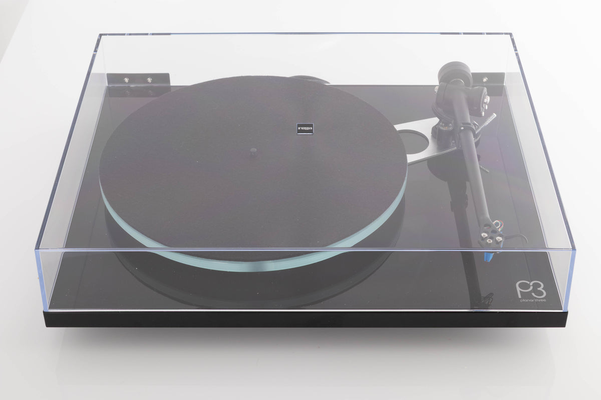 Top view of a used Rega Planar 3 Turntable in Gloss Black with Elys Cartridge