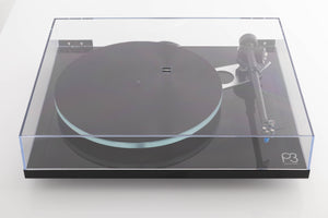Top view of a used Rega Planar 3 Turntable in Gloss Black with Elys Cartridge