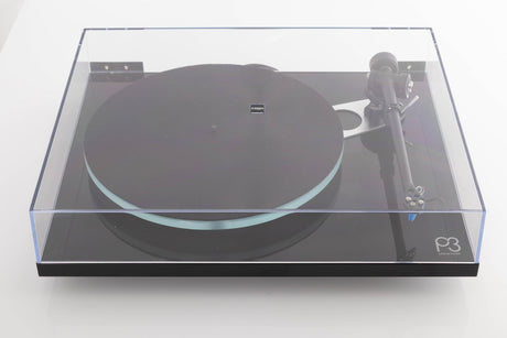 Top view of a used Rega Planar 3 Turntable in Gloss Black with Elys Cartridge