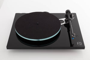Top view of a used Rega Planar 3 Turntable in Gloss Black with Elys Cartridge