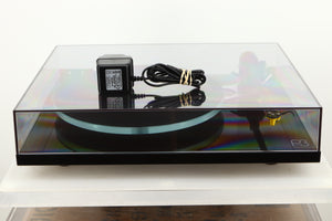 View of a used Rega Planar 3 Turntable in Gloss Black finish with Exact Cartridge showing mains cable
