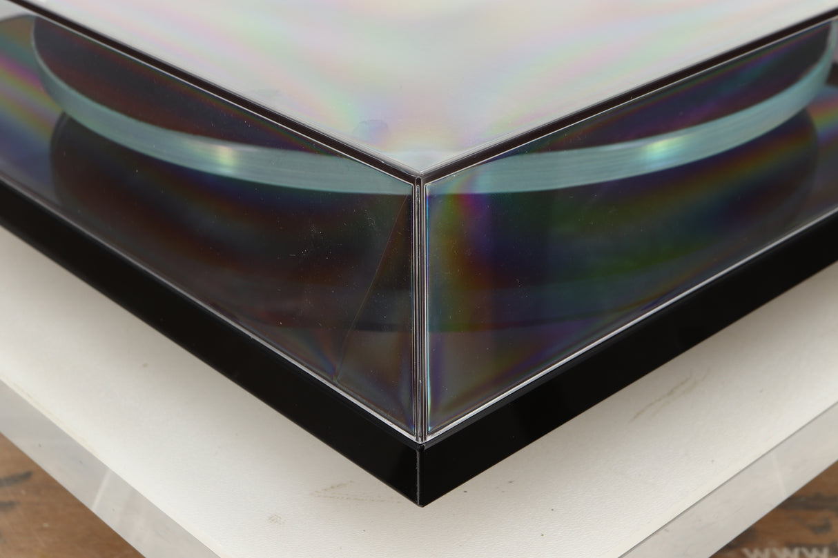Front left corner view of a used Rega Planar 3 Turntable in Gloss Black finish with Exact Cartridge