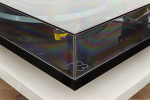 Front right corner view of a used Rega Planar 3 Turntable in Gloss Black finish with Exact Cartridge