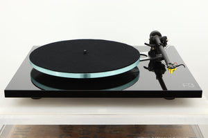 Front view of a used Rega Planar 3 Turntable in Gloss Black finish with Exact Cartridge