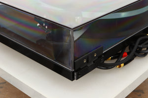 Rear left corner view of a used Rega Planar 3 Turntable in Gloss Black finish with Exact Cartridge