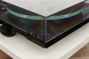 Rear right corner view of a used Rega Planar 3 Turntable in Gloss Black finish with Exact Cartridge
