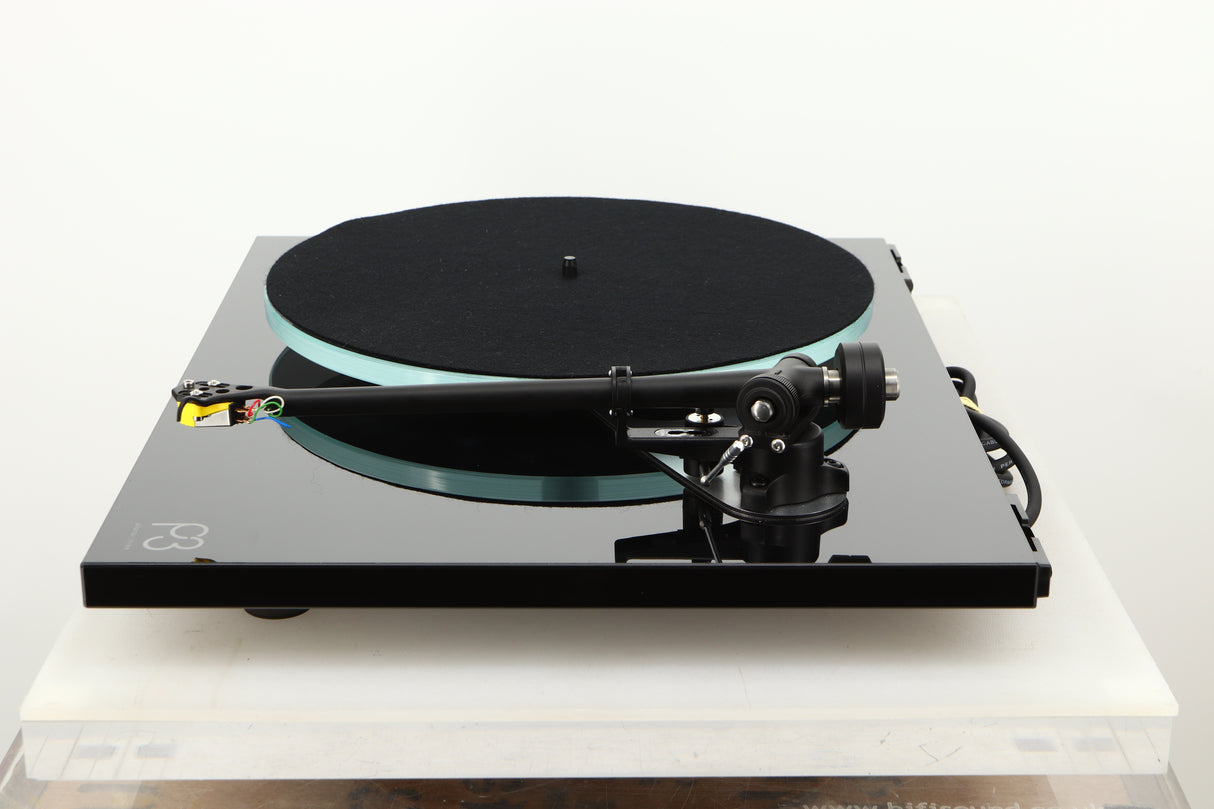 Side view of a used Rega Planar 3 Turntable in Gloss Black finish with Exact Cartridge