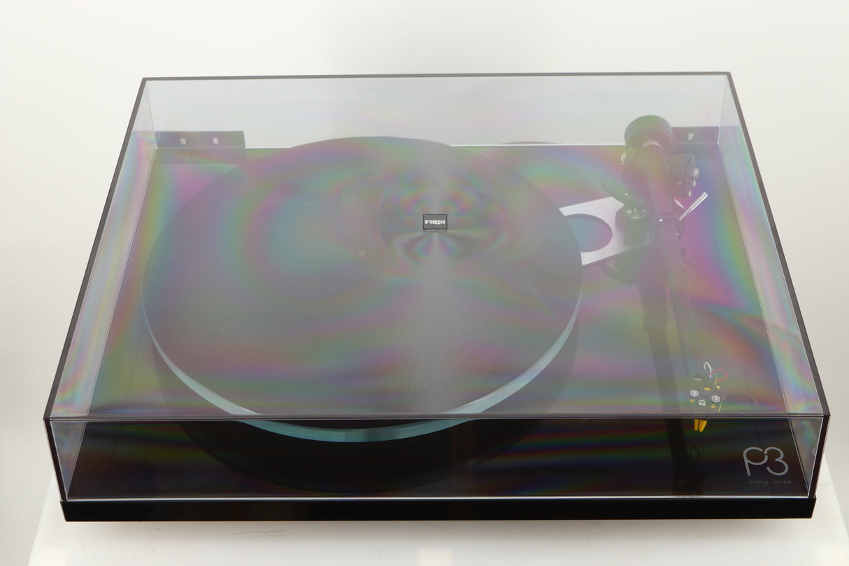Top view of a used Rega Planar 3 Turntable in Gloss Black finish with Exact Cartridge