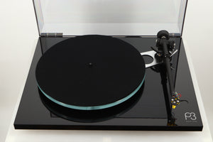 Top view of a used Rega Planar 3 Turntable in Gloss Black finish with Exact Cartridge