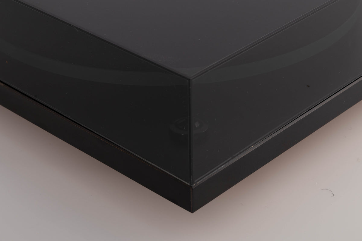 Front left corner view of a used Rega Planar 3 (24v Upgrade) Turntable in Black with Goldring E3 Cartridge 