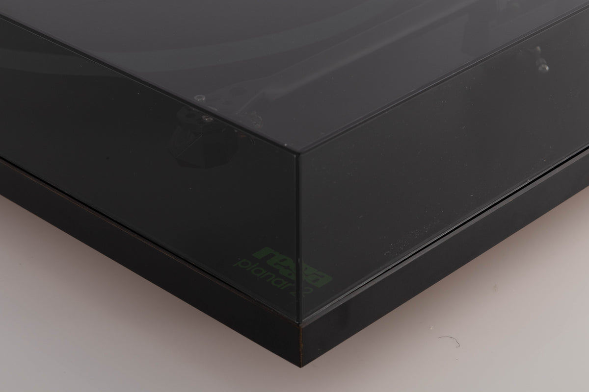 Front right corner view of a used Rega Planar 3 (24v Upgrade) Turntable in Black with Goldring E3 Cartridge 