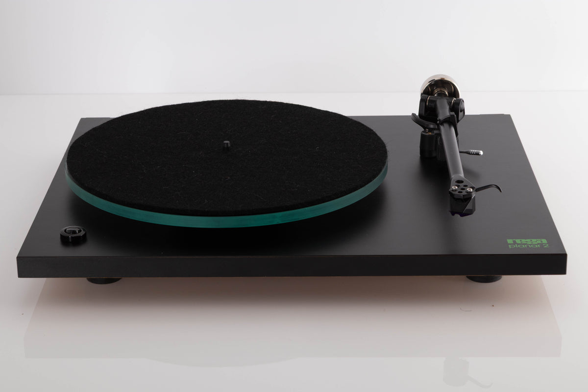 Front view of a used Rega Planar 3 (24v Upgrade) Turntable in Black with Goldring E3 Cartridge 
