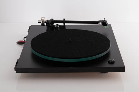 Side view of a used Rega Planar 3 (24v Upgrade) Turntable in Black with Goldring E3 Cartridge 
