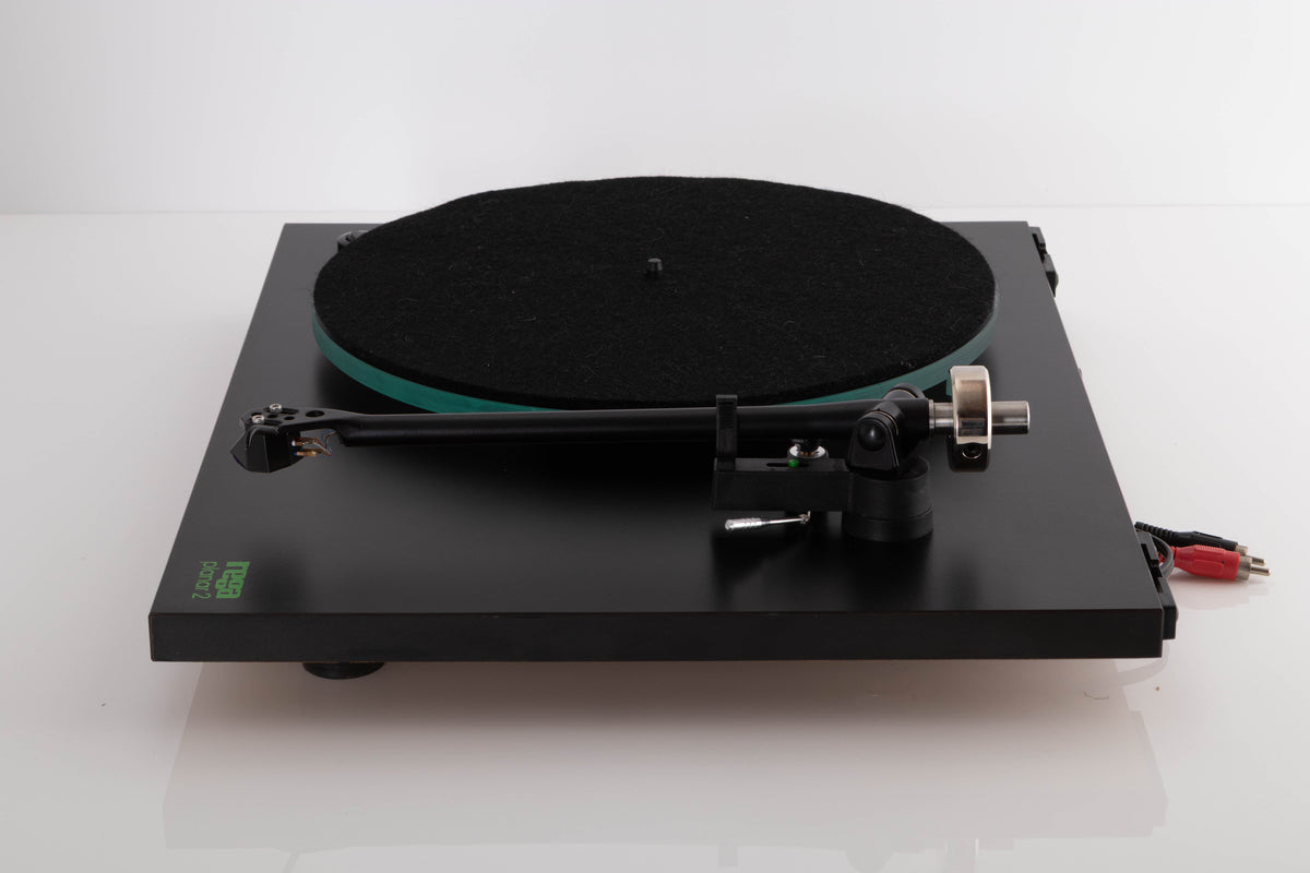 Side view of a used Rega Planar 3 (24v Upgrade) Turntable in Black with Goldring E3 Cartridge 