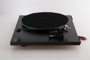 Side view of a used Rega Planar 3 (24v Upgrade) Turntable in Black with Goldring E3 Cartridge 