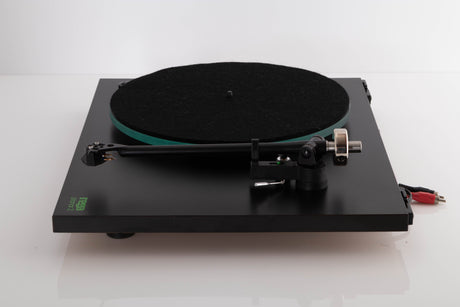 Side view of a used Rega Planar 3 (24v Upgrade) Turntable in Black with Goldring E3 Cartridge 