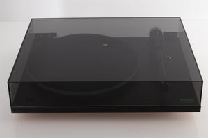 Top view of a used Rega Planar 3 (24v Upgrade) Turntable in Black with Goldring E3 Cartridge 