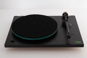 Top view of a used Rega Planar 3 (24v Upgrade) Turntable in Black with Goldring E3 Cartridge 
