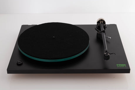 Top view of a used Rega Planar 3 (24v Upgrade) Turntable in Black with Goldring E3 Cartridge 