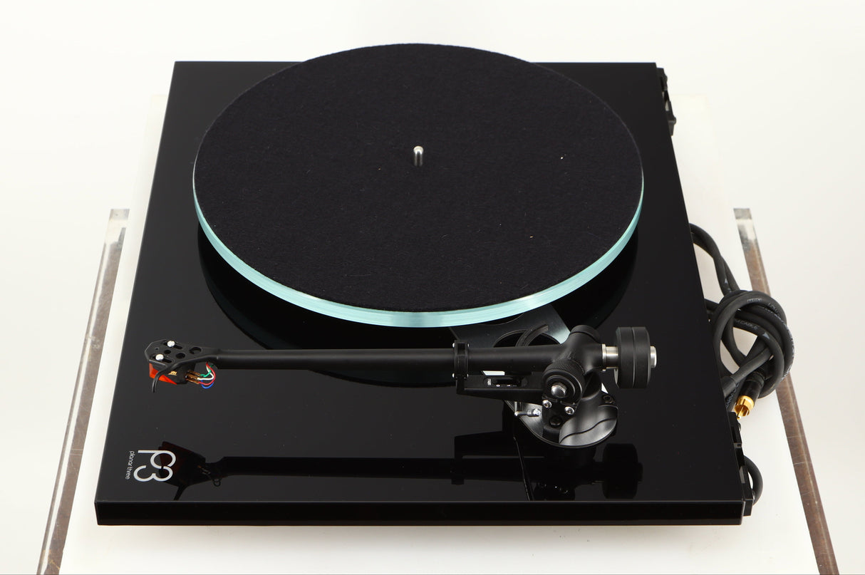 Right side view of a used Rega Planar 3 Turntable / Ortofon 2M Bronze Cartridge / NEO Power Supply in a black finish