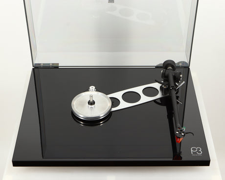 Top of a used Rega Planar 3 Turntable / Ortofon 2M Bronze Cartridge / NEO Power Supply in a black finish showing upgraded sub platter