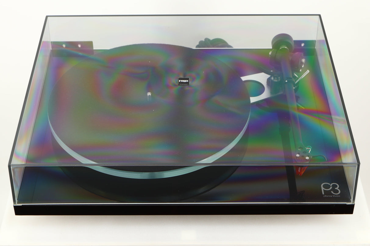 Front view of a used Rega Planar 3 Turntable / Ortofon 2M Bronze Cartridge / NEO Power Supply in a black finish showing lid
