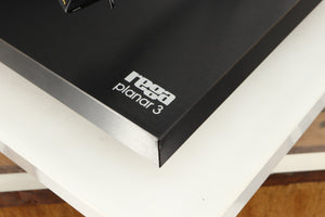 Close up of a used Rega Planar 3 Turntable W/ Goldring 1006 Cartridge in a black finish showing blemishes