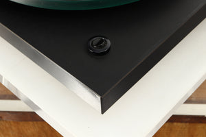 Close up of a used Rega Planar 3 Turntable W/ Goldring 1006 Cartridge in a black finish showing blemishes