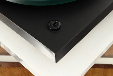 Close up of a used Rega Planar 3 Turntable W/ Goldring 1006 Cartridge in a black finish showing blemishes
