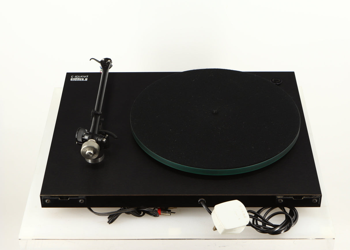 Rear view of a used Rega Planar 3 Turntable W/ Goldring 1006 Cartridge in a black finish