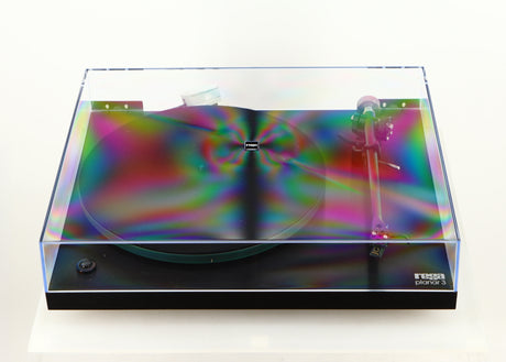 Front view of a used Rega Planar 3 Turntable W/ Goldring 1006 Cartridge in a black finish showing Lid