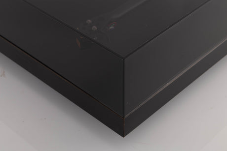 Front right corner of a used Rega Planar 3 Turntable W/ Nagaoka MP11 Boron Cartridge in a Black finish