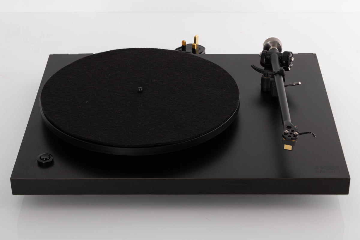 Front view of a used Rega Planar 3 Turntable W/ Nagaoka MP11 Boron Cartridge in a Black finish