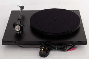 Rear view of a used Rega Planar 3 Turntable W/ Nagaoka MP11 Boron Cartridge in a Black finish