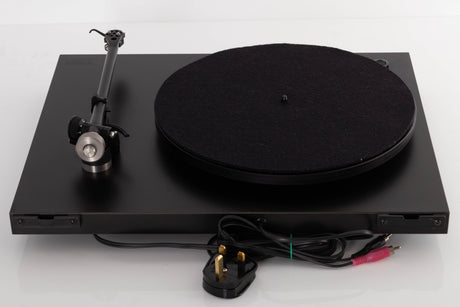 Rear view of a used Rega Planar 3 Turntable W/ Nagaoka MP11 Boron Cartridge in a Black finish