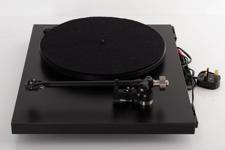 Right side view of a used Rega Planar 3 Turntable W/ Nagaoka MP11 Boron Cartridge in a Black finish