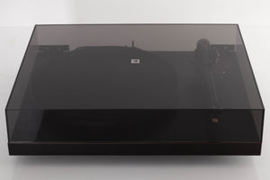 Top of a used Rega Planar 3 Turntable W/ Nagaoka MP11 Boron Cartridge in a Black finish